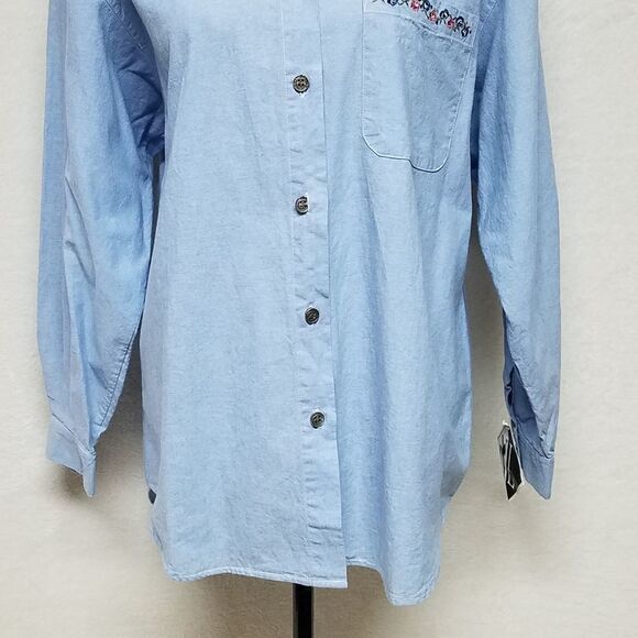 VINTAGE 1990s Deadstock New Look Chambray Button Up Floral Embroidered Blouse - Picture 8 of 14